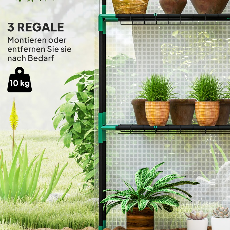 Kasvihuone hyllyillä ja verkkoikkunoilla, UV-suojattu muovipeite, teräsrunko, 143 x 74 x 190 cm, valkoinen