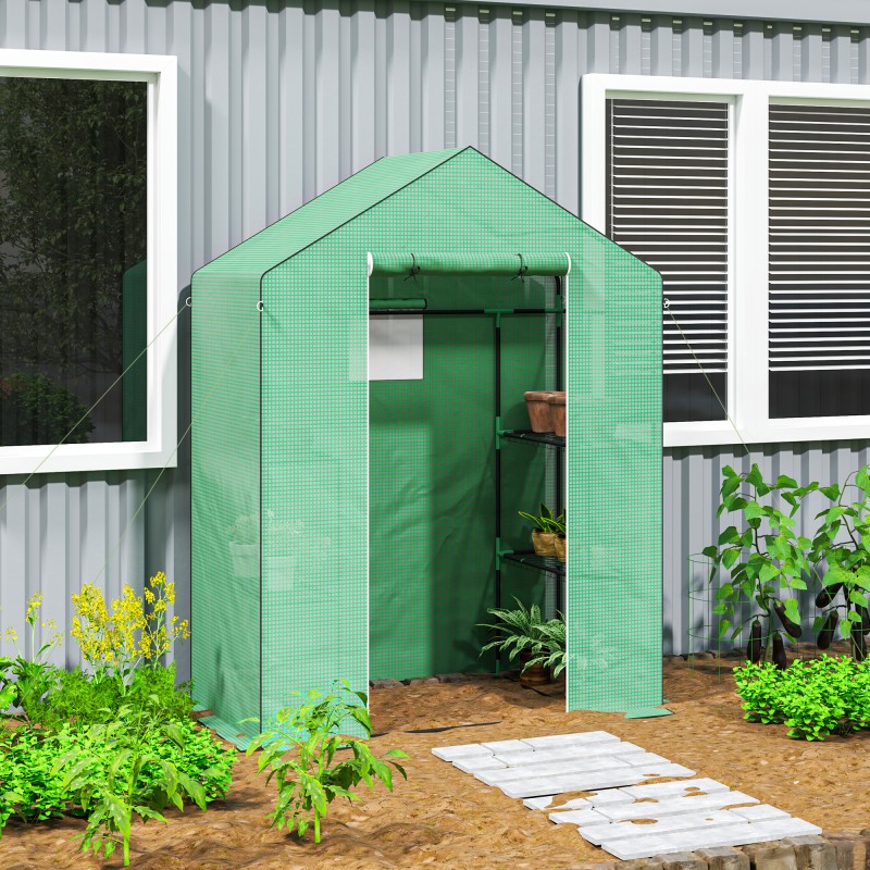 Kasvihuone hyllyillä, UV-suojattu muovipeite, verkko-ovet, 143 x 74 x 190 cm, vihreä
