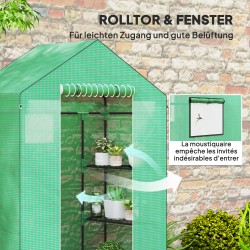 Kasvihuone hyllyillä, UV-suojattu muovipeite, verkko-ovet, 143 x 74 x 190 cm, vihreä