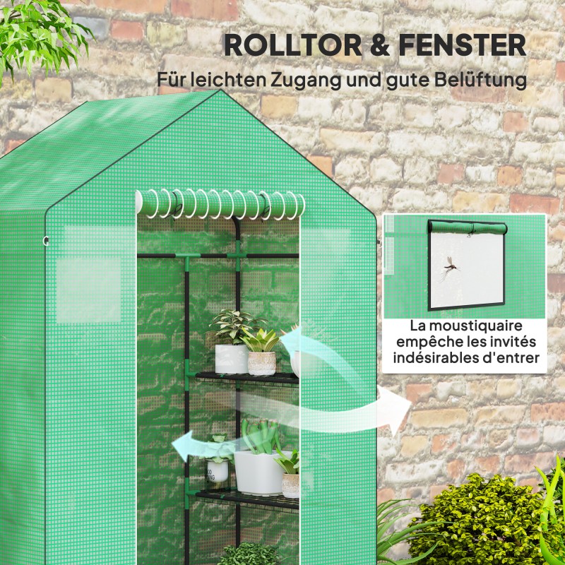 Kasvihuone hyllyillä, UV-suojattu muovipeite, verkko-ovet, 143 x 74 x 190 cm, vihreä