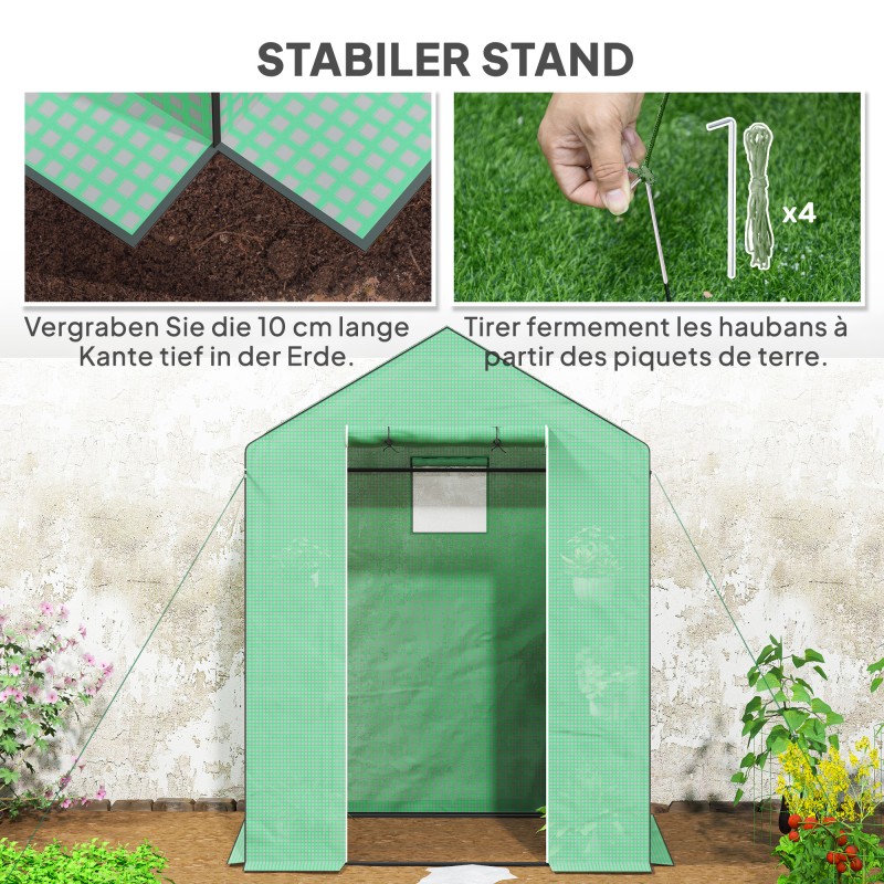 Kasvihuone hyllyillä, UV-suojattu muovipeite, verkko-ovet, 143 x 74 x 190 cm, vihreä