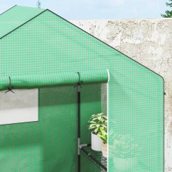 Kasvihuone hyllyillä, UV-suojattu muovipeite, verkko-ovet, 143 x 74 x 190 cm, vihreä