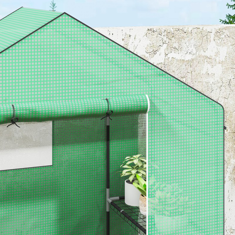 Kasvihuone hyllyillä, UV-suojattu muovipeite, verkko-ovet, 143 x 74 x 190 cm, vihreä
