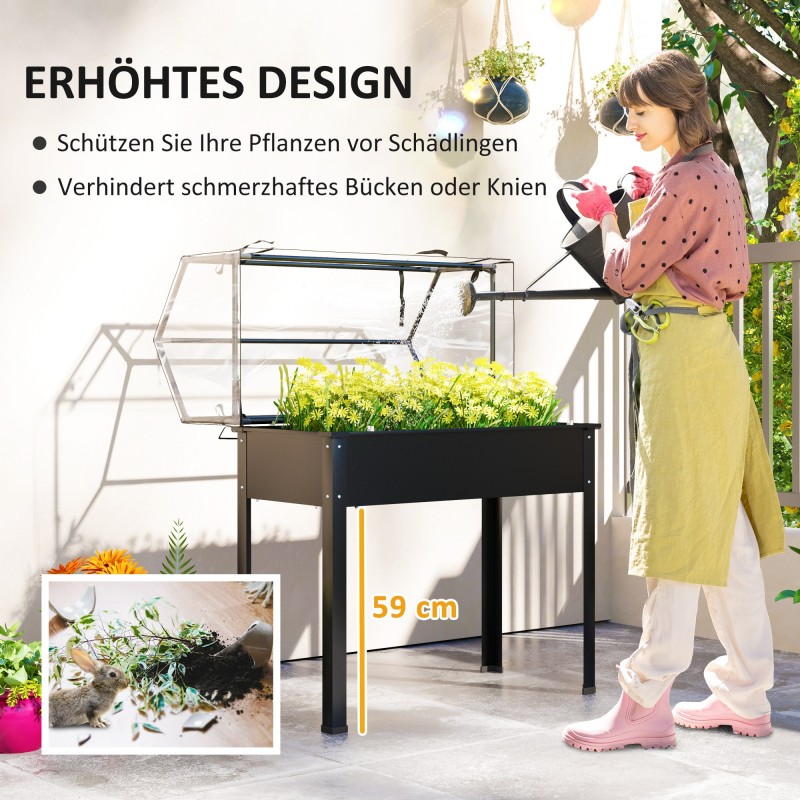 Korotettu viljelylaatikko kasvihuonekatteella 100 x 48 x 124 cm, 98 l, metalli/muovi, musta