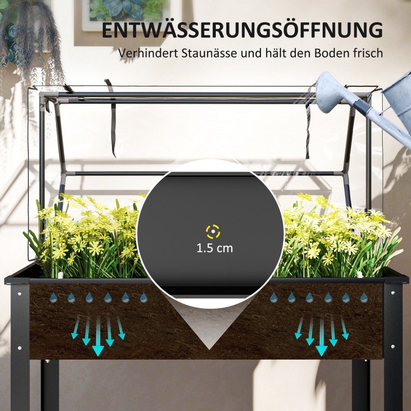 Korotettu viljelylaatikko kasvihuonekatteella 100 x 48 x 124 cm, 98 l, metalli/muovi, musta