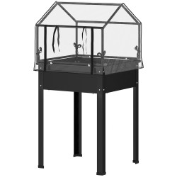 Korotettu viljelylaatikko kasvihuonekatteella metalli 60 x 60 x 120 cm musta