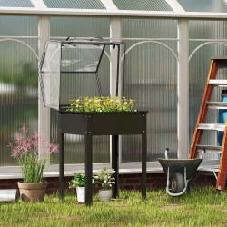 Korotettu viljelylaatikko kasvihuonekatteella, metalli, 60 x 60 x 120 cm, musta