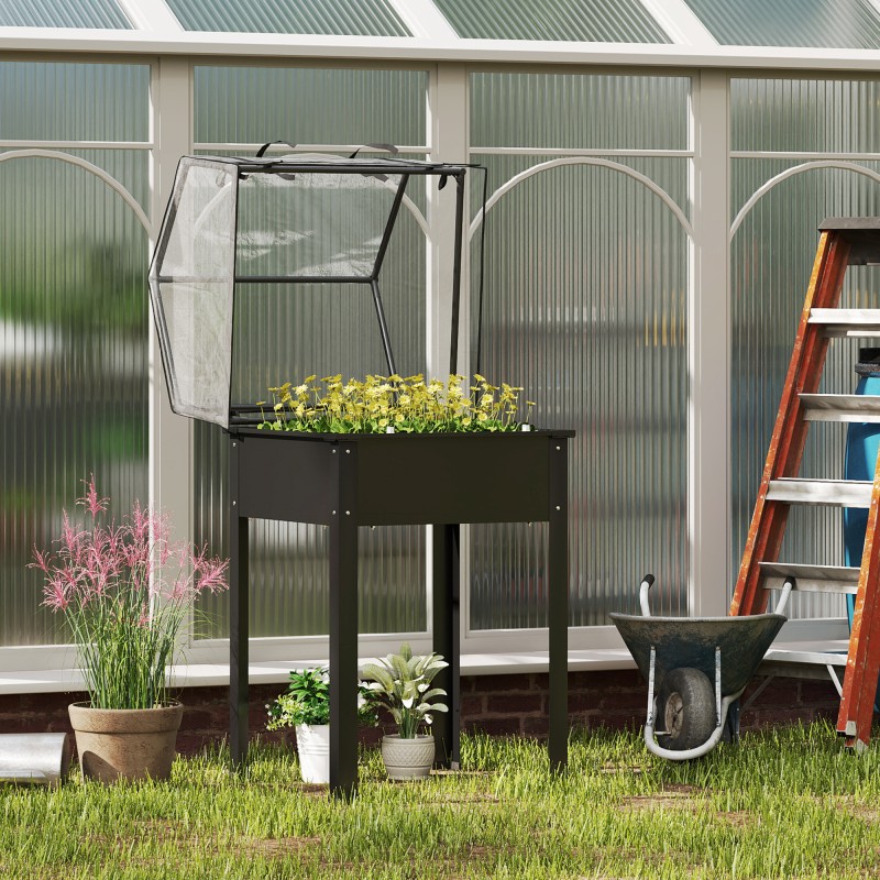 Korotettu viljelylaatikko kasvihuonekatteella, metalli, 60 x 60 x 120 cm, musta