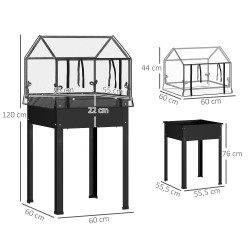Korotettu viljelylaatikko kasvihuonekatteella, metalli, 60 x 60 x 120 cm, musta