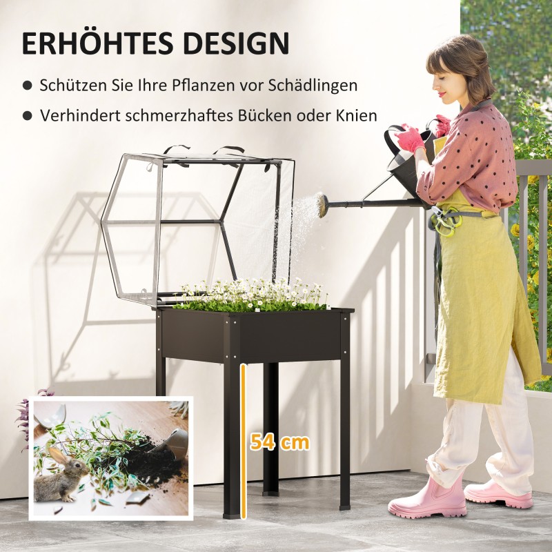 Korotettu viljelylaatikko kasvihuonekatteella, metalli, 60 x 60 x 120 cm, musta