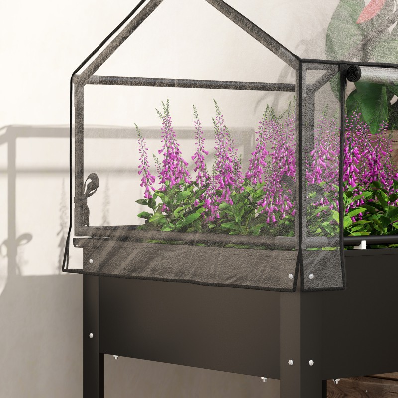 Korotettu viljelylaatikko kasvihuonekatteella, metalli, 60 x 60 x 120 cm, musta