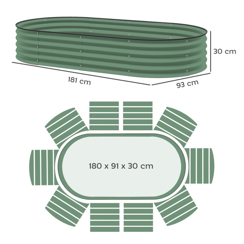 Korotettu viljelylaari puutarhaan 2 kpl, sinkitty teräs, avoin pohja, 181 x 93 x 30 cm, vihreä