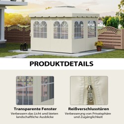 Puutarhateltan sivuseinät 3 x 3 m, 4 kpl, polyesteri, vetoketju, cremevalkoinen
