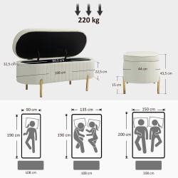 Säilytysrahi / penkki, ovaali, samettimainen kangas, metallijalat, 108 x 44 x 43,5 cm, kermanvalkoinen/kulta