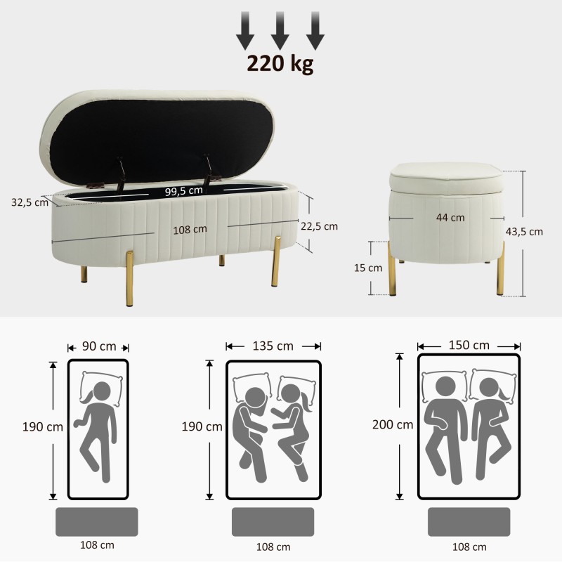 Säilytysrahi / penkki, ovaali, samettimainen kangas, metallijalat, 108 x 44 x 43,5 cm, kermanvalkoinen/kulta