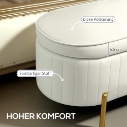 Säilytysrahi / penkki, ovaali, samettimainen kangas, metallijalat, 108 x 44 x 43,5 cm, kermanvalkoinen/kulta