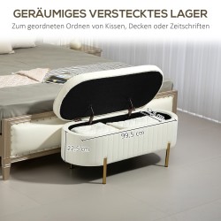 Säilytysrahi / penkki, ovaali, samettimainen kangas, metallijalat, 108 x 44 x 43,5 cm, kermanvalkoinen/kulta