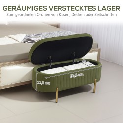 Säilytyspenkki samettimaisella kankaalla ja metallijaloilla, 108×44×43,5 cm, vihreä