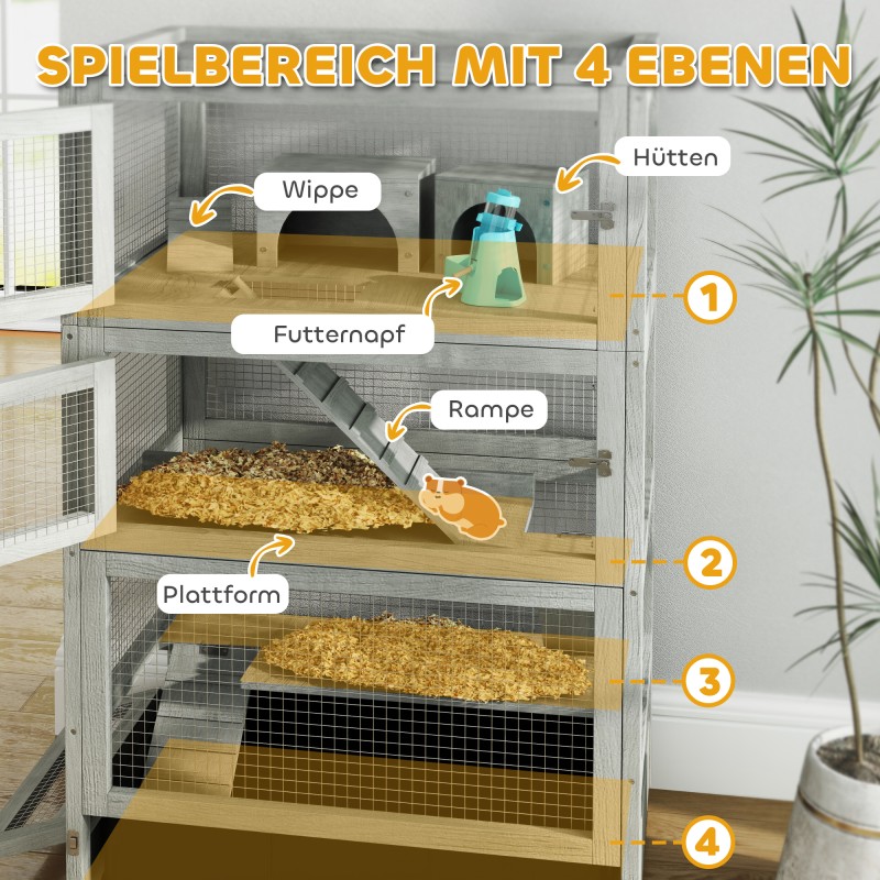 Hamsterihäkki pienille jyrsijöille, 4-tasoinen kuusipuu, pyörillä, 65 x 45 x 109 cm, harmaa