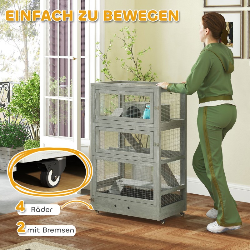 Hamsterihäkki pienille jyrsijöille, 4-tasoinen kuusipuu, pyörillä, 65 x 45 x 109 cm, harmaa