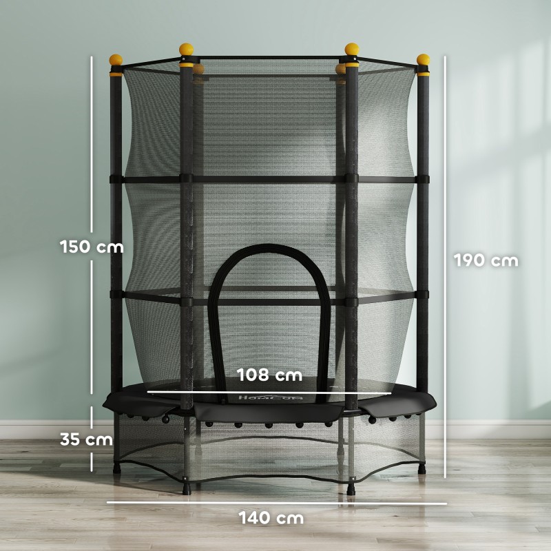 Lasten trampoliini turvaverkolla, jouseton, Ø140 cm, teräs ja muovi, max 50 kg, musta
