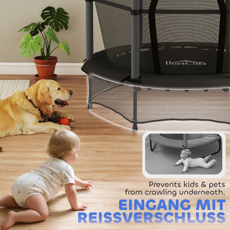 Lasten trampoliini turvaverkolla, jouseton, Ø140 cm, teräs ja muovi, max 50 kg, musta