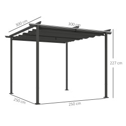 Puutarhan terassikatos pergola metallirunko 3 x 3 m säädettävä katto UPF30+ tummanharmaa