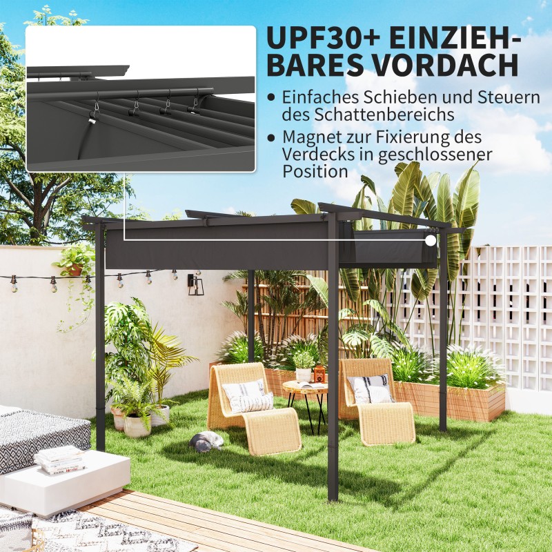 Puutarhan terassikatos pergola metallirunko 3 x 3 m säädettävä katto UPF30+ tummanharmaa