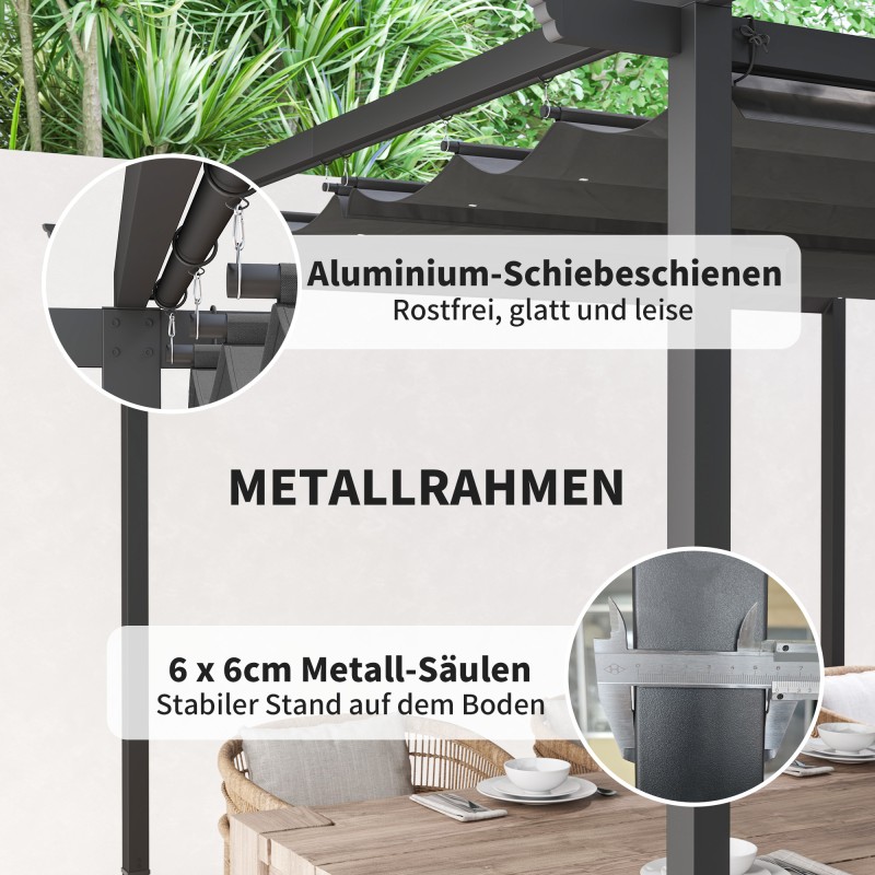 Puutarhan terassikatos pergola metallirunko 3 x 3 m säädettävä katto UPF30+ tummanharmaa