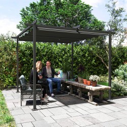 Puutarhan terassikatos pergola metallirunko 3 x 3 m säädettävä katto UPF30+ tummanharmaa