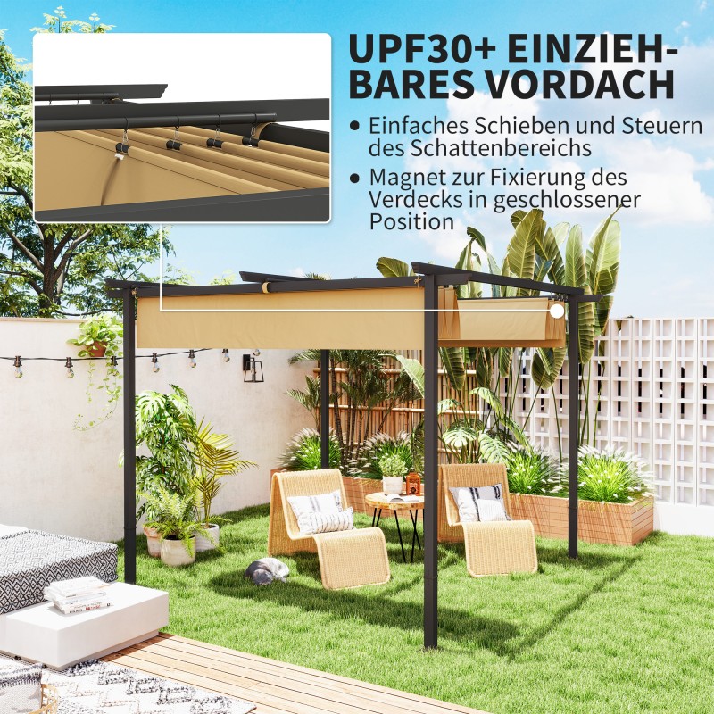Pihapergola liukukatokselta, metallirunko, 3 x 3 m, UPF30+ aurinkosuoja, beige