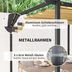 Pihapergola liukukatokselta, metallirunko, 3 x 3 m, UPF30+ aurinkosuoja, beige