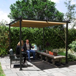 Pihapergola liukukatokselta, metallirunko, 3 x 3 m, UPF30+ aurinkosuoja, beige