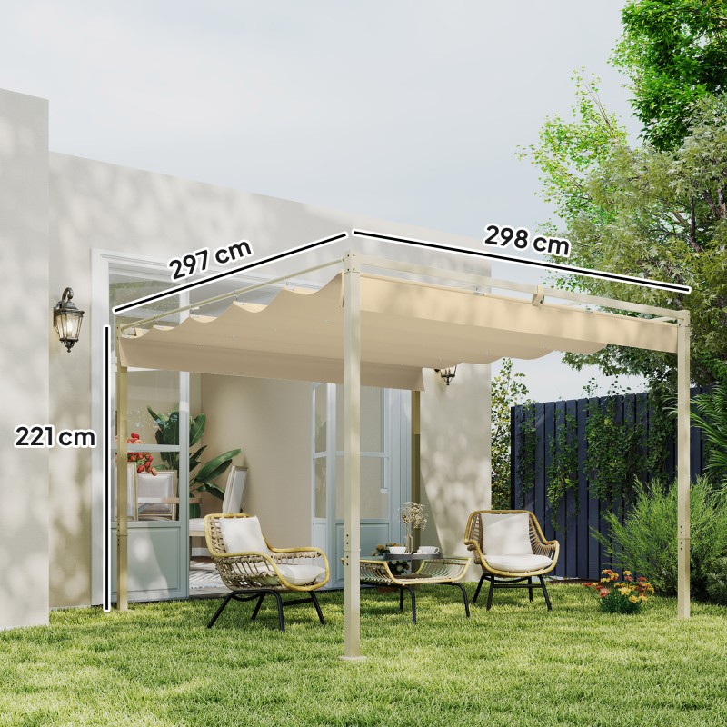Puutarhan pergola liukuvalla katoksella 3 x 3 m metalli/polyesteri khaki UPF30+