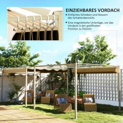 Puutarhan pergola liukuvalla katoksella 3 x 3 m metalli/polyesteri khaki UPF30+