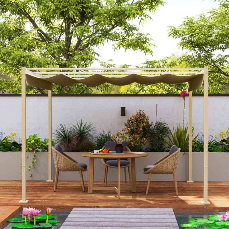 Puutarhan pergola liukuvalla katoksella 3 x 3 m metalli/polyesteri khaki UPF30+