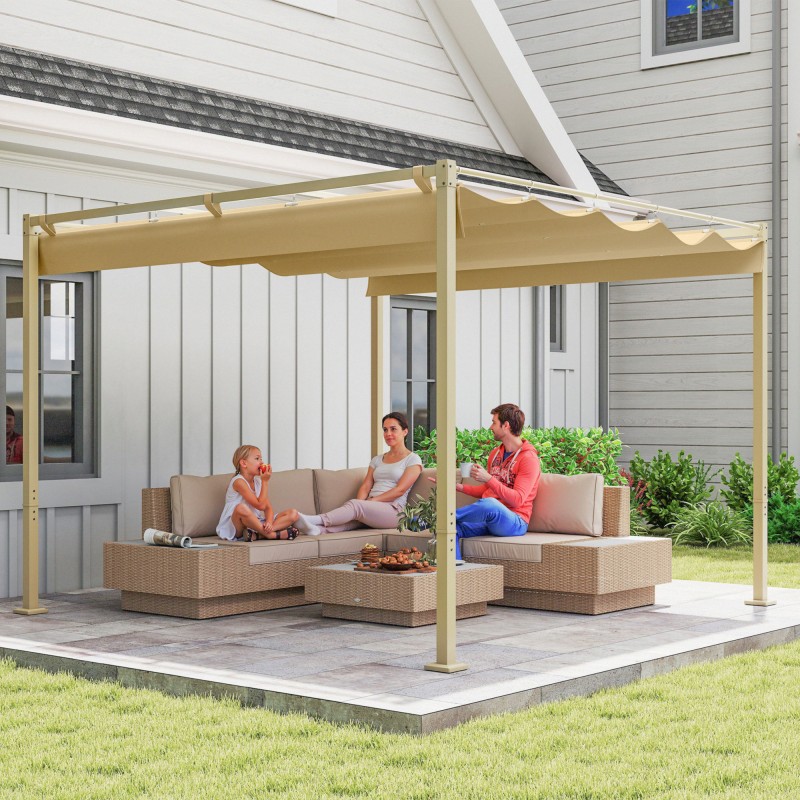 Puutarhan pergola liukuvalla katoksella 3 x 3 m metalli/polyesteri khaki UPF30+