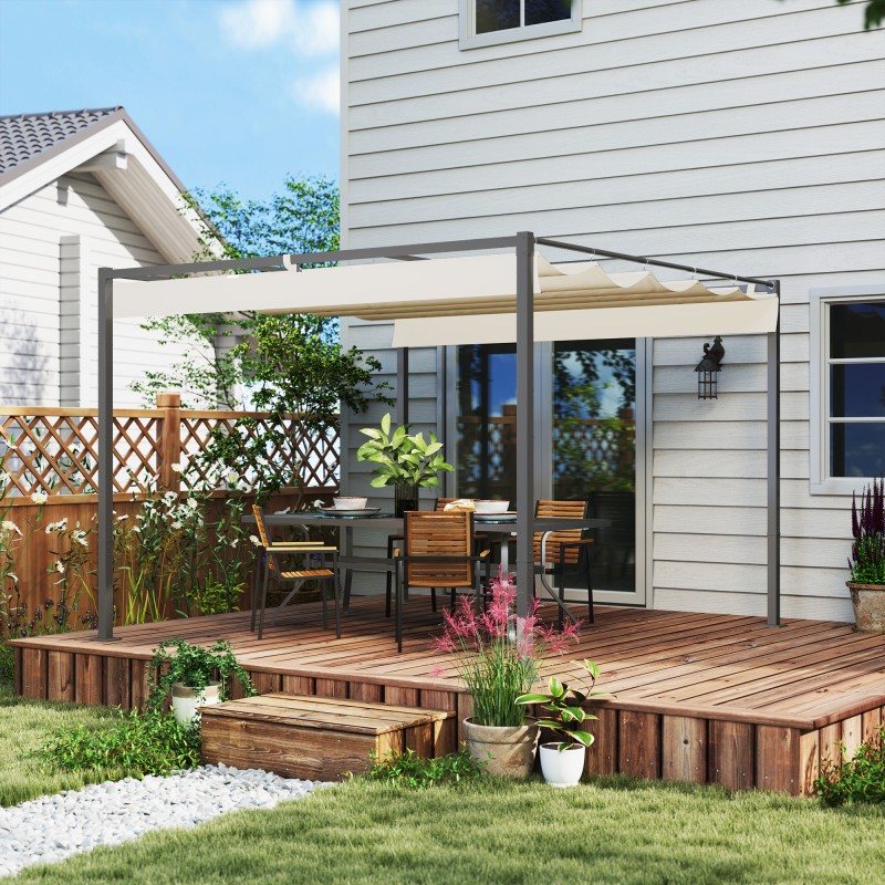 Puutarhan terassikatos pergola metallirunko 3 x 3 m sisäänvedettävä katto beige