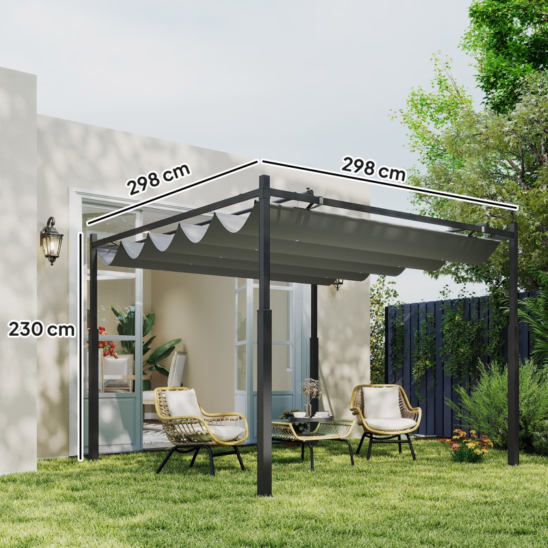 Pergola terassille 3x3 m vapaasti seisova metallirunko liukuva UV-suojattu katos harmaa
