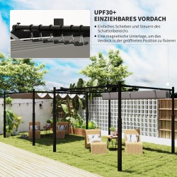 Pergola terassille 3x3 m vapaasti seisova metallirunko liukuva UV-suojattu katos harmaa