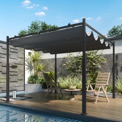 Pergola terassille 3x3 m vapaasti seisova metallirunko liukuva UV-suojattu katos harmaa
