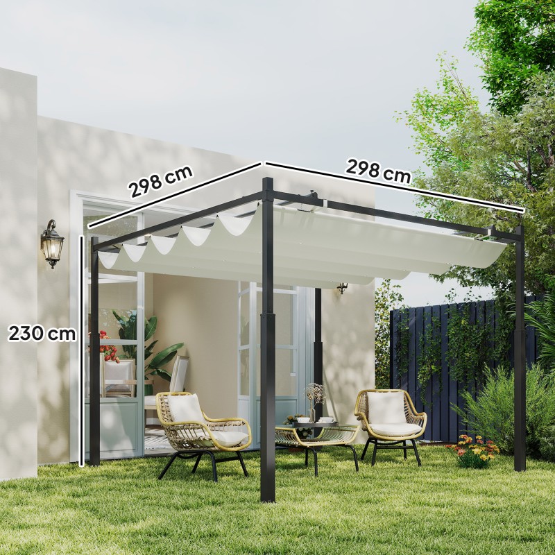 Pihapergola ulkokäyttöön, metallirunko, liukuva katos UPF30+, 3 x 3 m, kermanvalkoinen