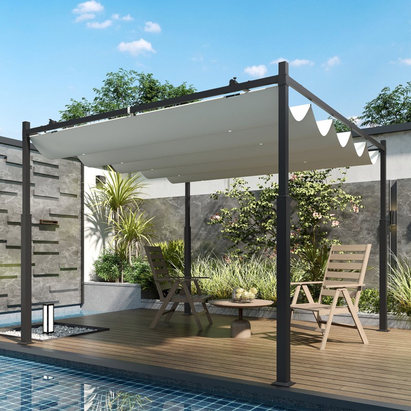 Pihapergola ulkokäyttöön, metallirunko, liukuva katos UPF30+, 3 x 3 m, kermanvalkoinen