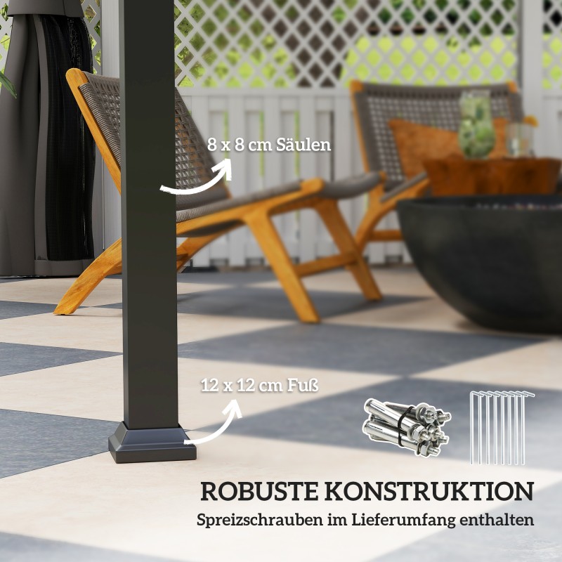 Pihakatos 3 x 3 m metallirunkoinen hardtop, vesitiivis ja talvikestävä, sivuverhot, hyönteisverkot, tummanharmaa