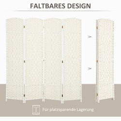 Tilanjakaja, neliosainen taittuva sermi, mäntyrunko ja polypropeenipunos, 180 x 180 cm, valkoinen