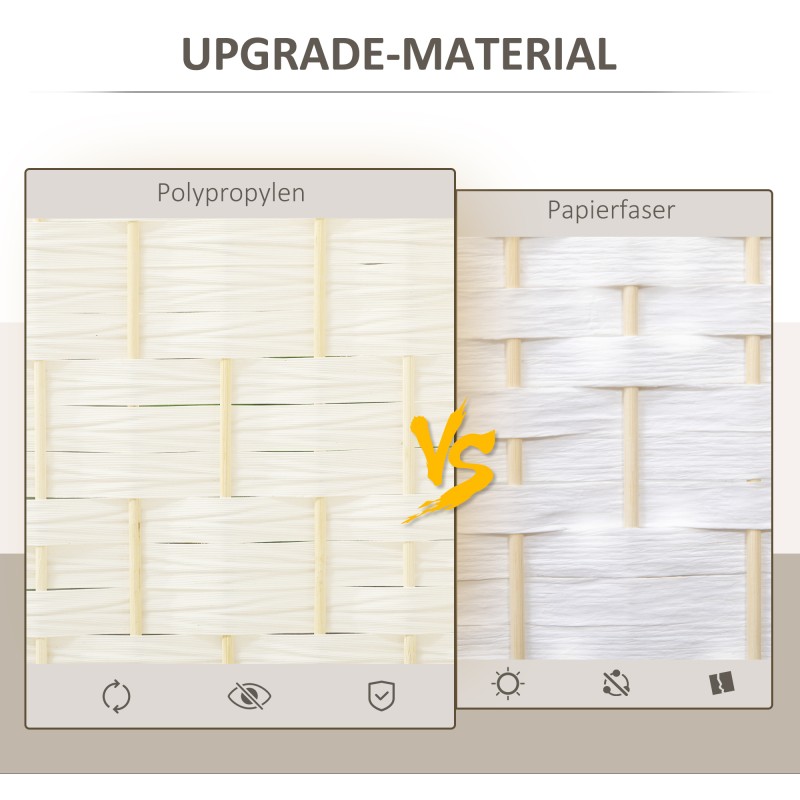 Tilanjakaja, neliosainen taittuva sermi, mäntyrunko ja polypropeenipunos, 180 x 180 cm, valkoinen