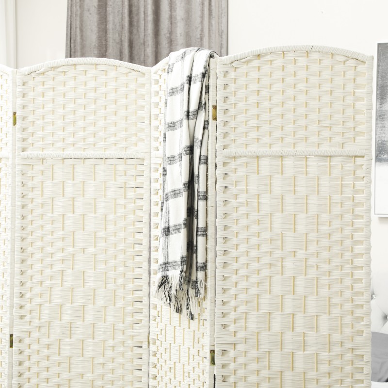 Tilanjakaja, neliosainen taittuva sermi, mäntyrunko ja polypropeenipunos, 180 x 180 cm, valkoinen