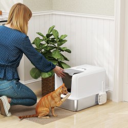 Kissanvessa ruostumattomasta teräksestä kannella ja suodattimella, max 6 kg, 40,5 x 60,5 x 41,5 cm, valkoinen/hopea