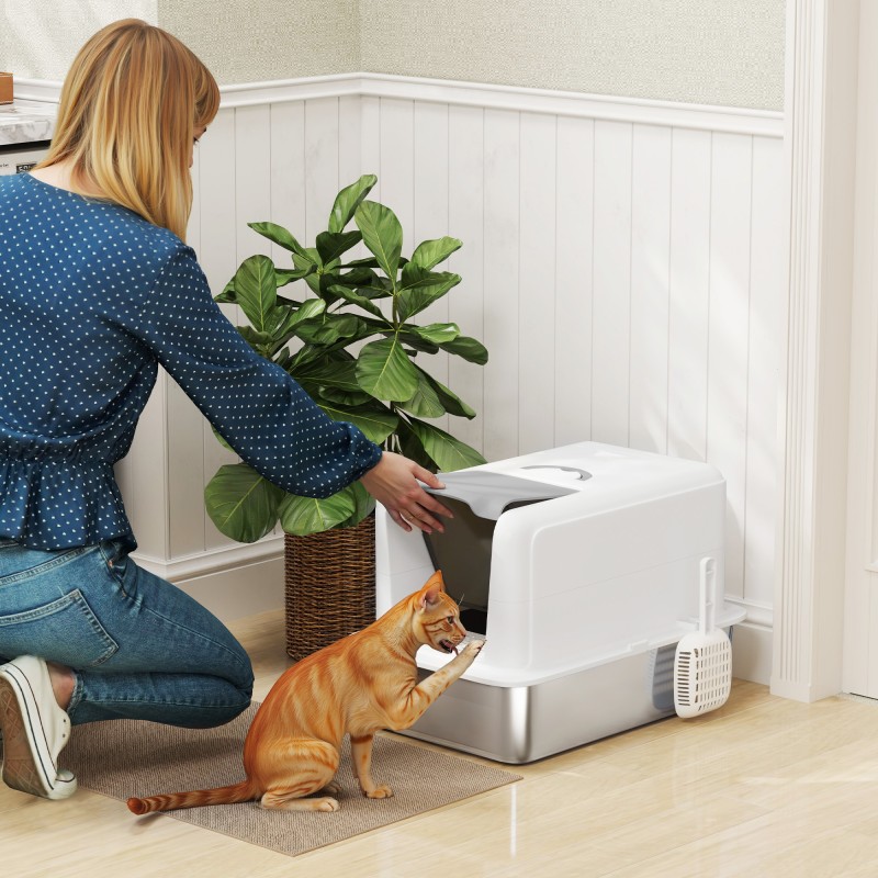 Kissanvessa ruostumattomasta teräksestä kannella ja suodattimella, max 6 kg, 40,5 x 60,5 x 41,5 cm, valkoinen/hopea