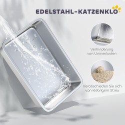 Kissanvessa ruostumattomasta teräksestä, suodatin ja lapio, kissoille max 6 kg, 40,5 x 60,5 x 41,5 cm, harmaa/hopea